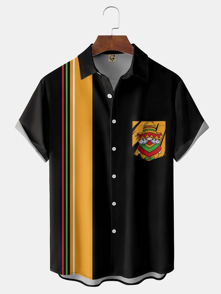 

Cinco de Mayo Gnome Chest Pocket Short Sleeve Bowling Shirt, Black, Men Shirts