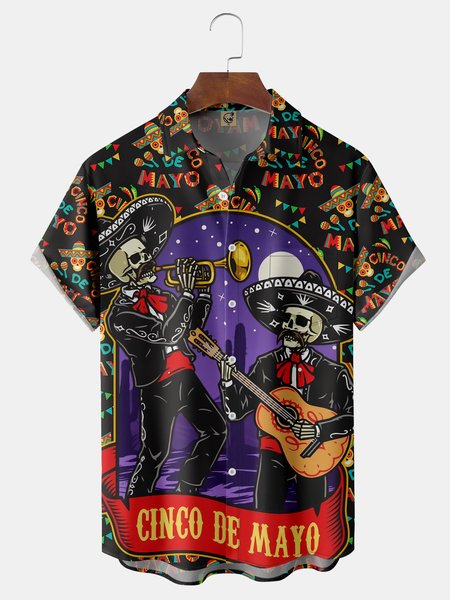 

Cinco De Mayo Skull Chest Pocket Short Sleeve Hawaiian Shirt, Black, Men Shirts