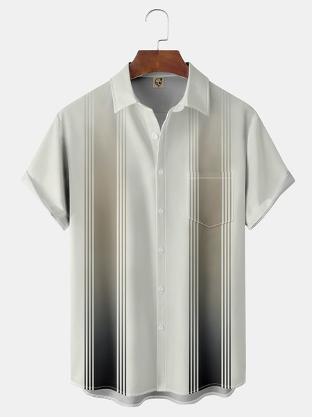 

Gradient Striped Chest Pocket Short Sleeve Bowling Shirt, Apricot, Men Shirts