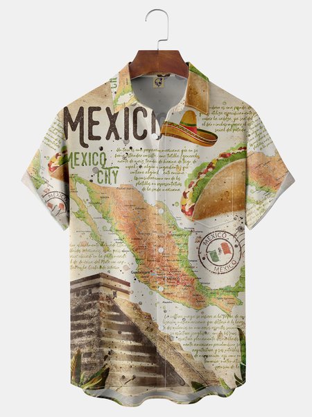 

Mexican Culture Chest Pocket Short Sleeve Casual Shirt, Khaki, Men Shirts