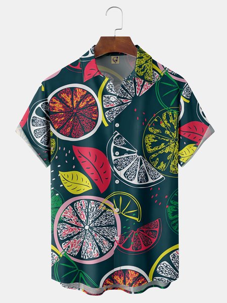 

Fruits Lemon Chest Pocket Short Sleeve Hawaiian Shirt, Green, Men Shirts