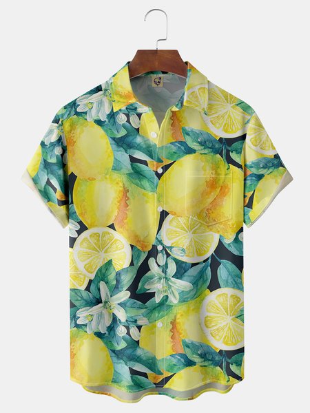 

Lemon Chest Pocket Short Sleeve Hawaiian Shirt, Yellow, Men Shirts