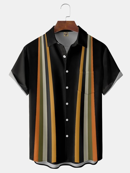 

Abstract Striped Chest Pockets Short Sleeve Bowling Shirts, Black, Men Shirts