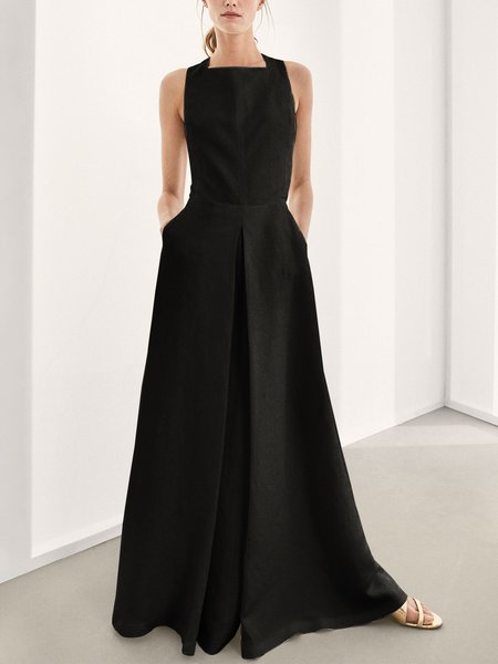 

Simple Regular Fit Square Neck Plain Dress, Black, Maxi Dresses