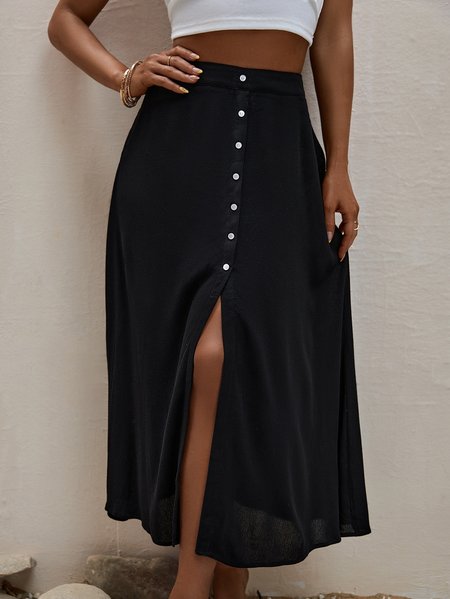 

Plain Buttoned Slit-Hem Casual Work Elegant Skirt, Black, Skirts