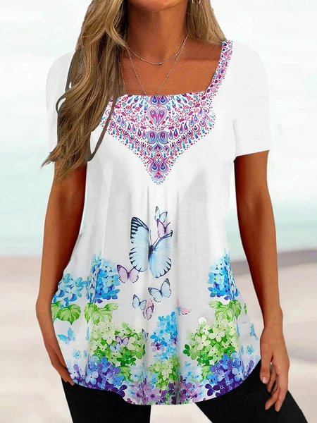 

Floral Loose Casual Square Neck Shirt, Multicolor, Shirts & Blouses