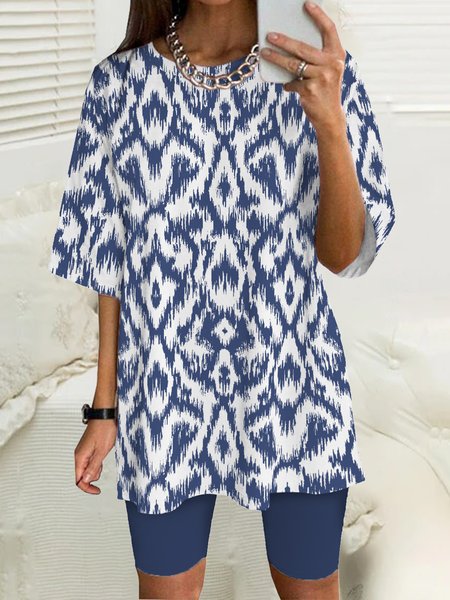 

Ethnic Crew Neck Casual Two-Piece Set, Blue, Tops