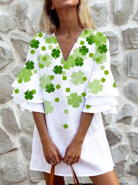 

Four-Leaf Clover Linen Casual Dress, White, Mini Dresses
