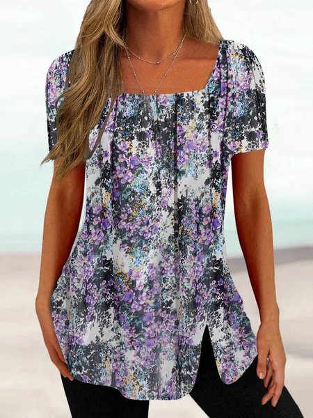 

Loose Floral Square Neck Casual Shirt, Multicolor, Shirts & Blouses