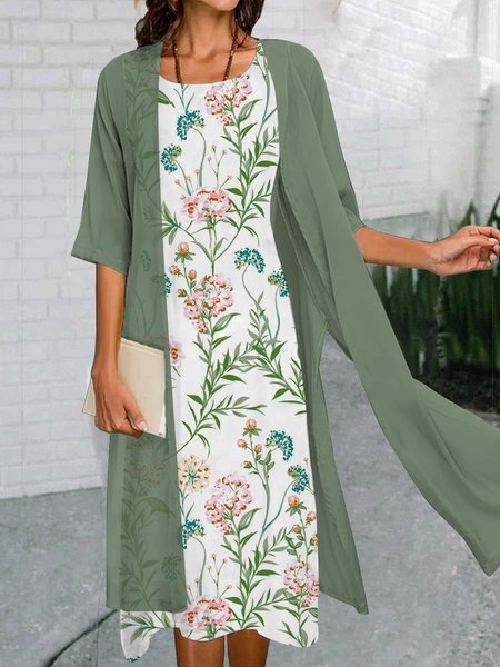 

Casual Cotton And Linen Floral Crew Neck Two-Piece Set, Green, Dresses