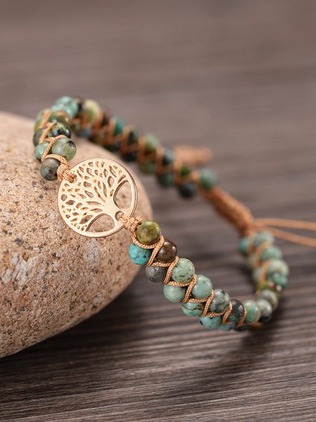 

Ethnic Tree of Life Pattern Natural Turquoise Braided Bracelet Holiday Style Jewelry, Green, Bracelets & Anklets