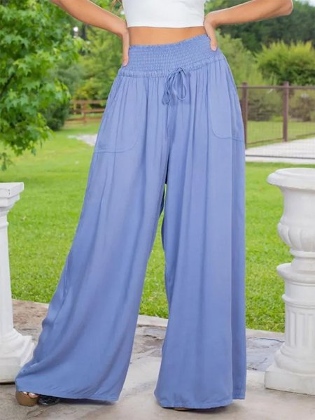 

Elastic Waist Drawcord Wide Leg Loose Pocket Pants, Blue, Pants