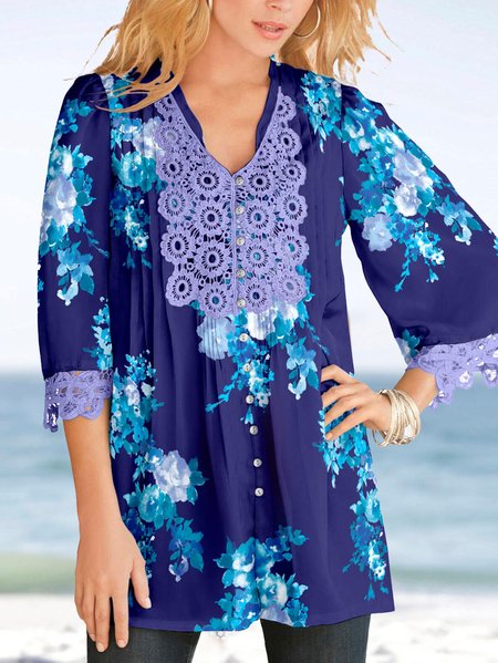 

Casual Lace Regular Fit V Neck Shirt, Dark blue, Shirts & Blouses