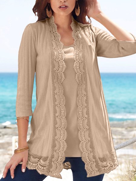 

Casual Plain Lace Regular Fit Two-Piece Set, Khaki, Tops