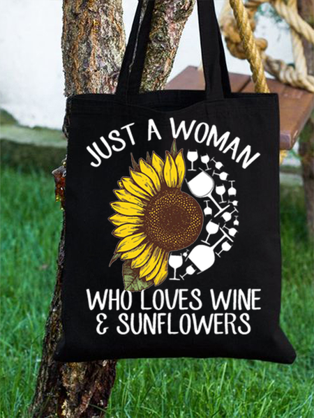 

Womne's Just A Woman Who Loves Wine And Sunflower Shopping Tote, Black, Bags