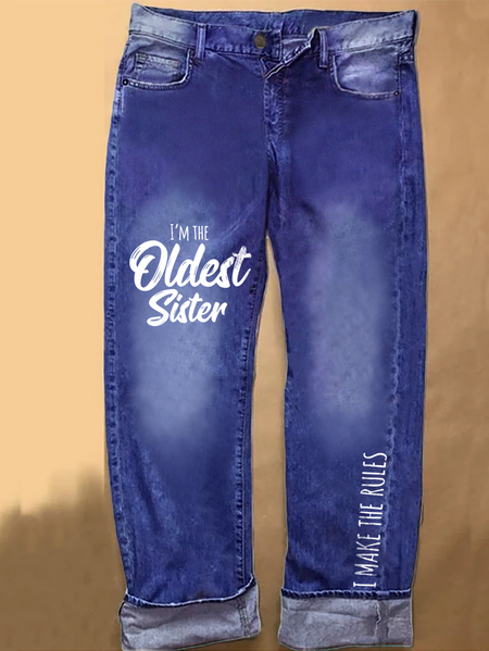 

Womens Funny Sister Gift Old Sister Casual Loose Daisy Jeans, Blue, Jeans