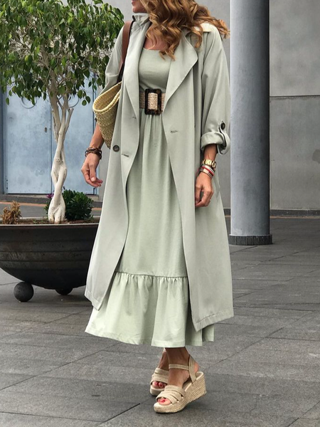 

Loose Shawl Collar Plain Casual Trench Coat, Lightgreen, Trench Coats