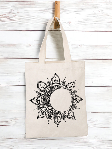Women's Mandala Sun And Moon Shopping Tote, White, Bags