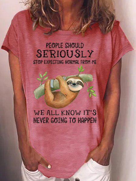 

Women‘s Sloth Stop Expecting Normal From Me Letters Casual Crew Neck T-Shirt, Red, T-shirts