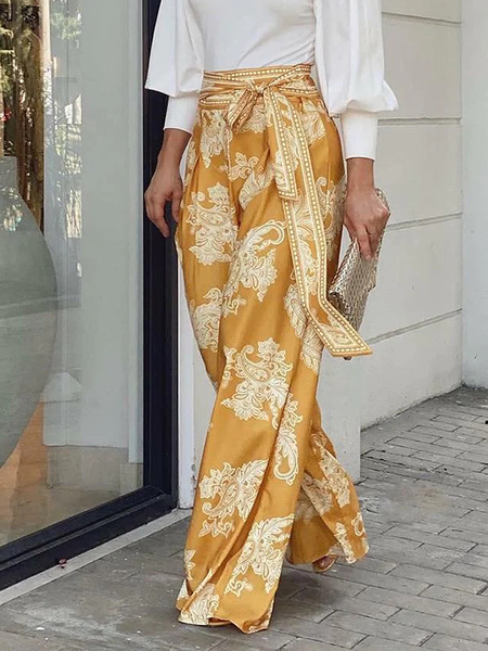 

Loose Urban Floral Fashion Straight Long Pants, Yellow, Pants