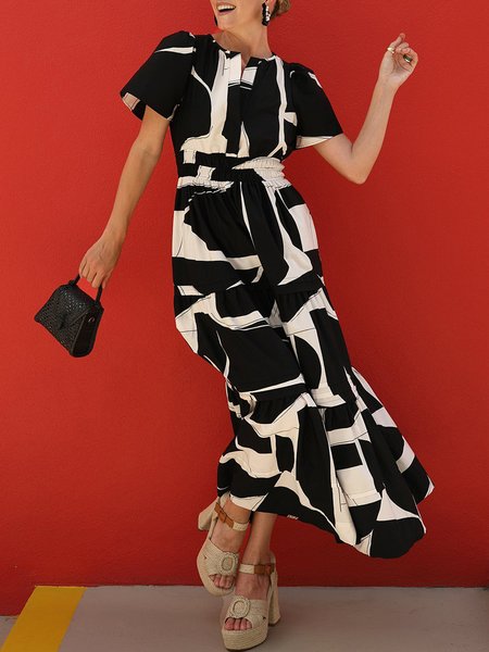

Elegant Regular Fit V Neck Geometric Dress, Black, Maxi Dresses