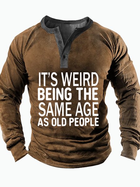 

Men’s Plain Half Open Collar Regular Fit Text Letters Casual Top, As picture, Long Sleeves