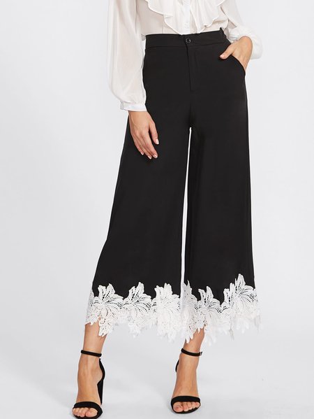 

Color Block Lace Regular Fit Casual Fashion Pants, Black, Pants