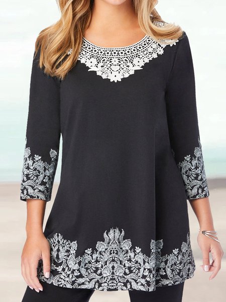 

Crew Neck Casual Regular Fit Lace Shirt, Black, Shirts & Blouses