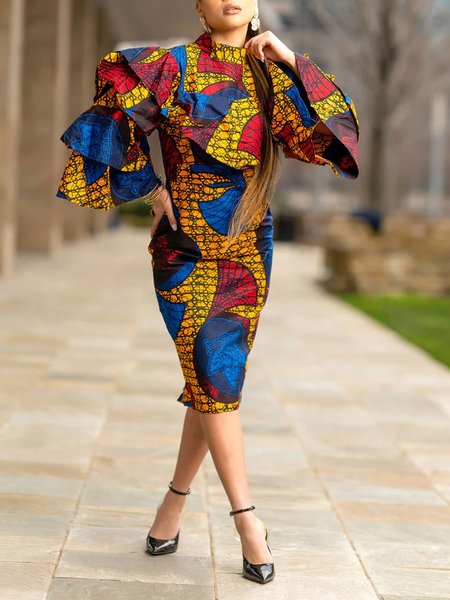 

Abstract Elegant Long Sleeve Mini Dress, Multicolor, Midi Dresses