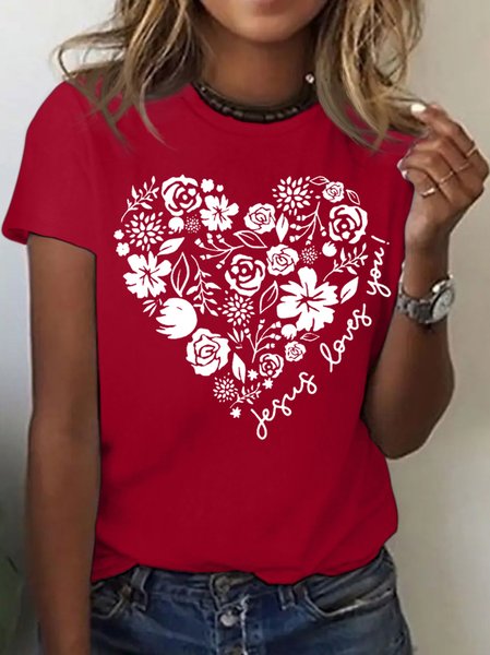

Women's Casual Floral Heart Jesus Loves You Christian Crew Neck Cotton T-Shirt, Red, T-shirts