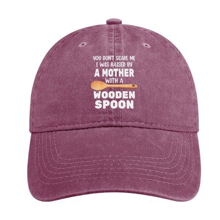 

You Don’t Scare Me I Was Raised By A Mother With A Wooden Spoon Adjustable Denim Hat, Red, Men's Accessories