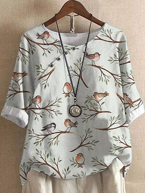 

Casual Loose Bird Crew Neck Shirt, White, Blouses & Shirts