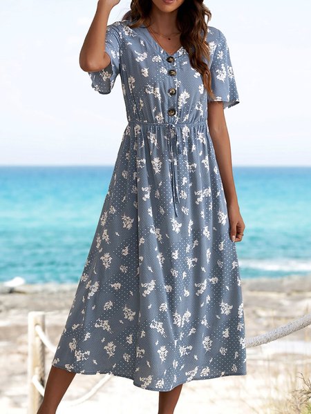 

Floral Regular Fit V Neck Boho Dress, Blue, Midi Dresses