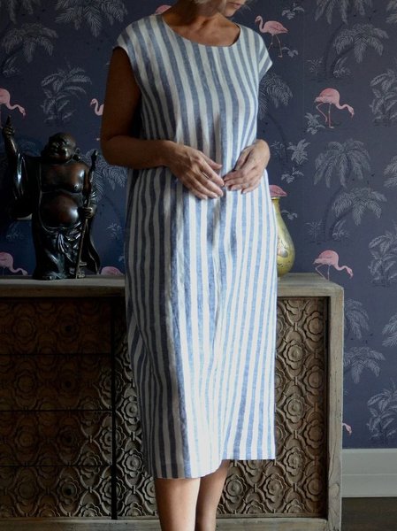 

Crew Neck Regular Fit Cotton And Linen Casual Dress, Blue, Midi Dresses
