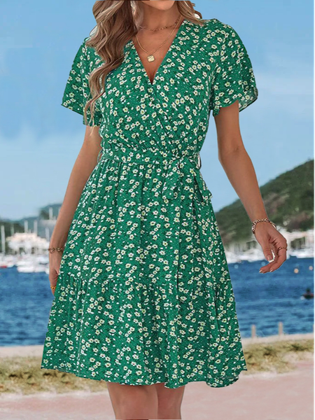 

V Neck Loose Floral Boho Dress, Green, Dresses