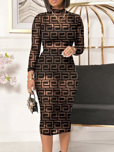 

Long sleeve Elegant Tight Stand Collar Text Letters Dress, Black, Midi Dresses