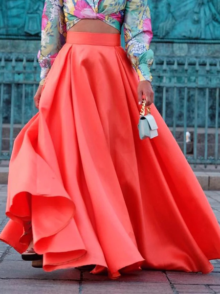 

Elegant Plain Loose Long Skirt, Red, Skirts