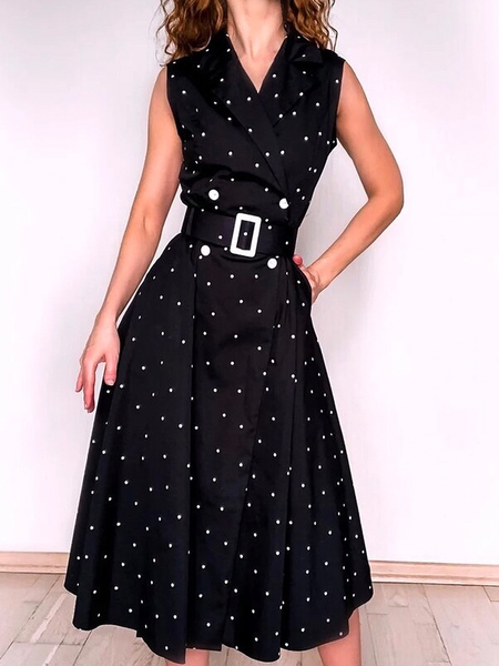 

Elegant Sleeveless Regular Fit Polka Dots Lapel Collar Midi Dress, Black, Midi Dresses