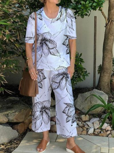 

Casual Floral Crew Neck Two-Piece Set, White, Suit Set