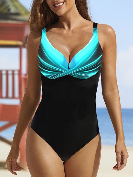 Casual V Neck Abstract Printing One-Piece, Black, swimwear>>One-Pieces