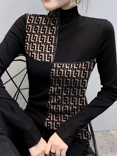 

Regular Fit Urban Geometric Stand Collar Long sleeve T-Shirt, Black, Tees