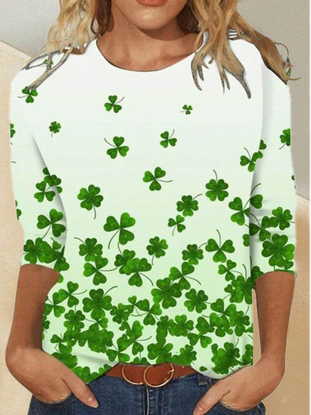 

Four-Leaf Clover Casual Crew Neck T-Shirt, Green, T-Shirts