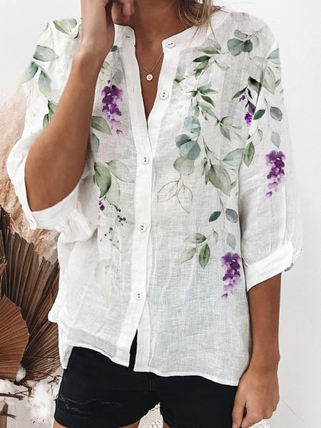 

Floral Cotton-Blend Loose Casual Blouse, White, Blouses & Shirts