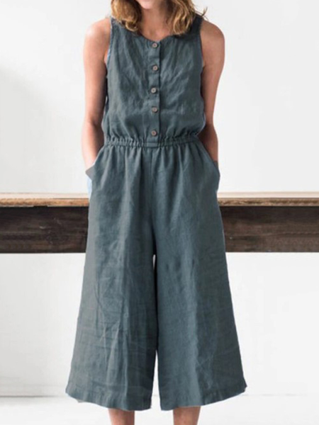 

Cotton And Linen Casual Jumpsuit, Deep gray, Jumpsuits＆Rompers