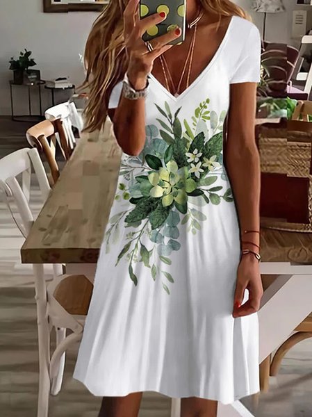 

Floral Loose V Neck Casual Dress, White, Dresses