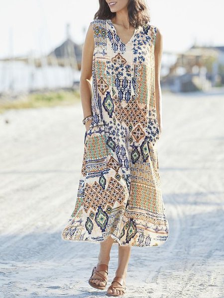 

Boho Loose V Neck Dress, Multicolor, Dresses