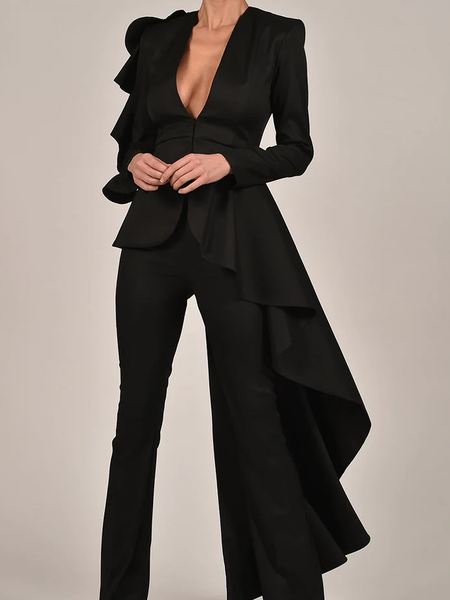 

Plain V Neck Regular Fit V neck Long sleeve Urban Long Jacket, Black, Jackets