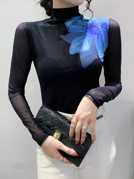 

High Elasticity Floral Urban Half Turtleneck Long sleeve T-Shirt, Black, Tees