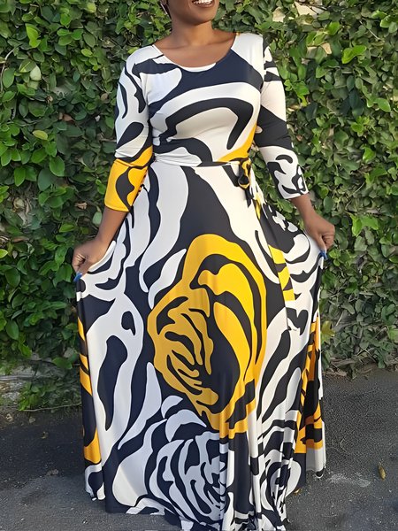 

Regular Fit Crew Neck Vacation Floral Dress, Yellow, Maxi Dresses