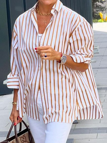 

Loose Striped Shirt Collar Casual Blouse, Orange, Shirts & Blouses